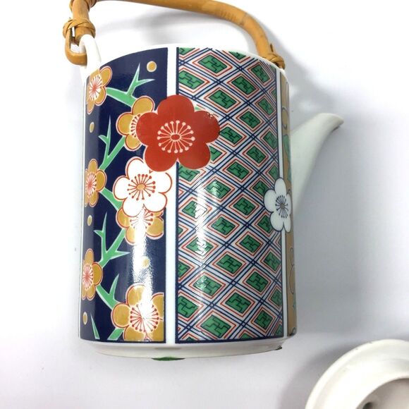 Oriental Teapot & 4 Tea Cups Green Red Blue Floral Gold Rattan Handle Home Decor - Picture 2 of 13